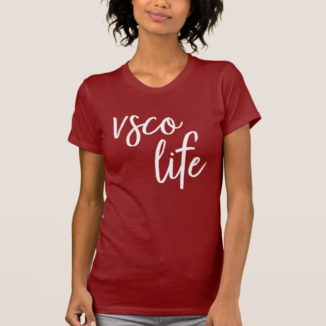 VSCO Life, Simple, Casual, White on Burgundy T-Shirt (Front)
