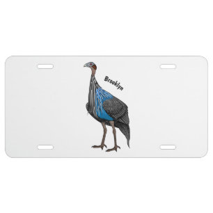 Vulturine guineafowl bird cartoon illustration license plate