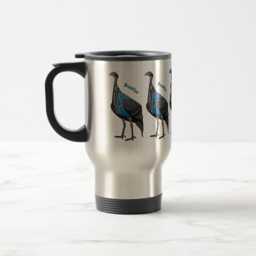 Vulturine guineafowl bird cartoon illustration  travel mug