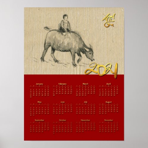 W Buffalo Child Chinese Ox Year 2021 Calendar P Poster