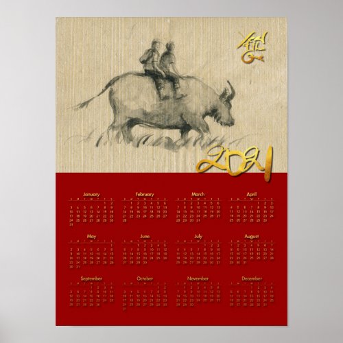 W Buffalo Children Chinese Ox Year 2021 Calendar P Poster