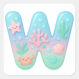 "W" Cute Letter - Underwater Sea Creature Square Sticker