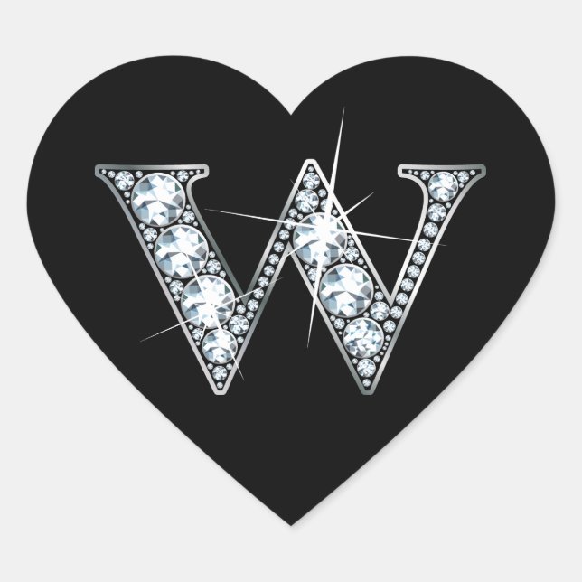 "W" Diamond Bling on Black Heart Sticker (Front)