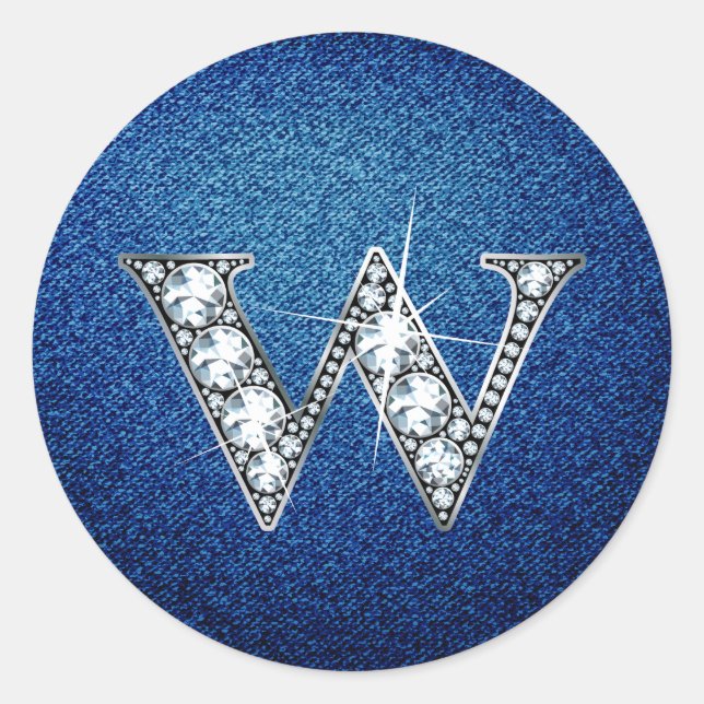 W Faux-"Diamond Bling" on Denim Classic Round Sticker (Front)