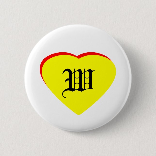 "W" Heart Yellow Red Wedding Invitation The MUSEUM Button (Front)