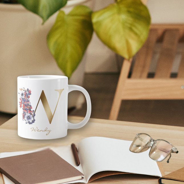 W Letter Gold Monogram Red White Purple Floral Giant Coffee Mug (Creator Uploaded)