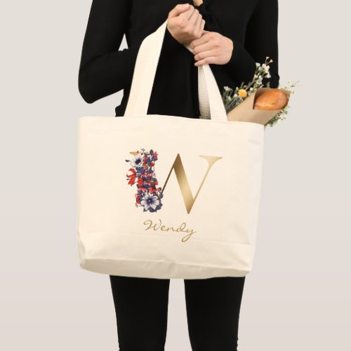 W Letter Gold Monogram Red White Purple Floral Large Tote Bag