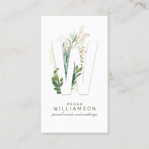 W Letter Monogram Gold Greenery Leaves Elegant Business Card