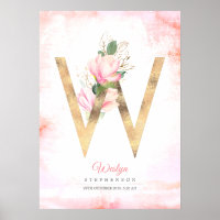 W Letter Monogram Gold Leaves Pink Magnolia Floral Poster