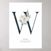 W Letter Monogram White Flowers and Greenery Poster