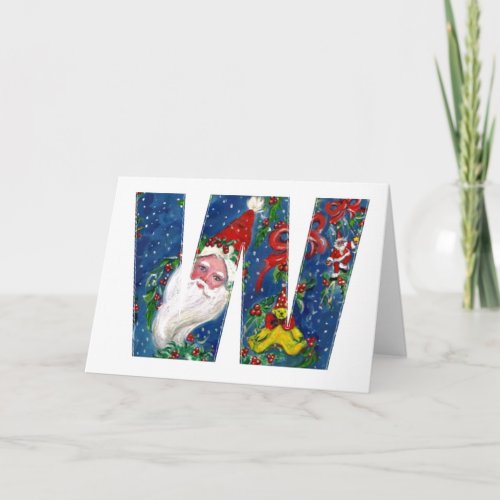 W LETTER  SANTA CLAUS WITH RED RIBBON MONOGRAM HOLIDAY CARD