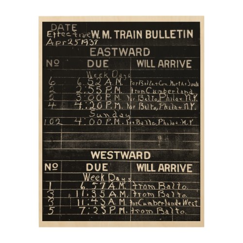 W M Train Bulletin 11x14 Wood Wall Art