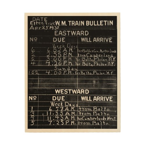 W M Train Bulletin 8x10 Wood Wall Art
