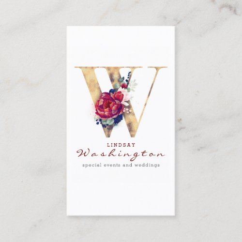W Monogram Burgundy Gold and Navy Blue Floral Business Card