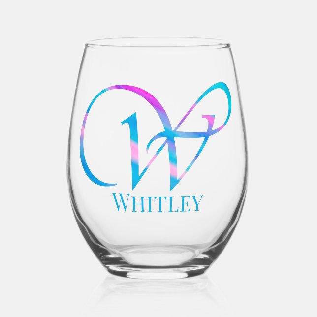 W Monogram Customizable Name Abstract Spring Blue Stemless Wine Glass (Front)