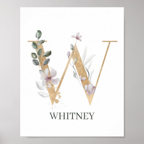 W Monogram Floral Personalized Poster