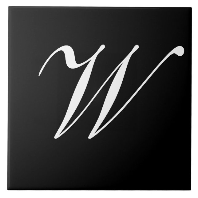 W Monogram Initial White on Black Ceramic Tile (Front)