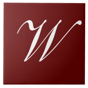 W Monogram Initial White on Maroon Ceramic Tile