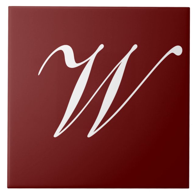 W Monogram Initial White on Maroon Ceramic Tile (Front)