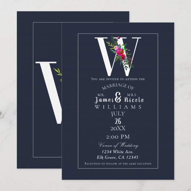 W Monogram Last Initial Modern Blue Floral Wedding Invitation (Front/Back)