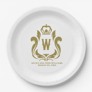 W Monogrammed Gold Crest Paper Plates