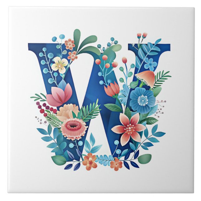 W ornate floral monogram ceramic tile (Front)