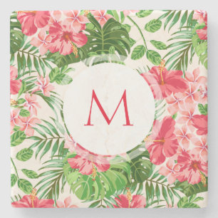 W Personalized Hibiscus Flower Monogram Stone C Coaster