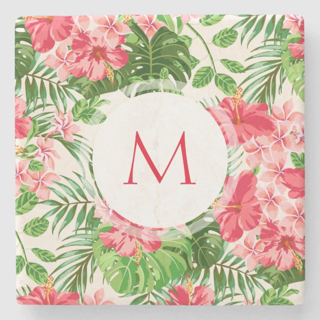 W Personalized Hibiscus Flower Monogram Stone C Coaster (Front)