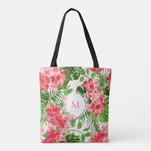 W Personalized Hibiscus Flower Monogram Tote Bag