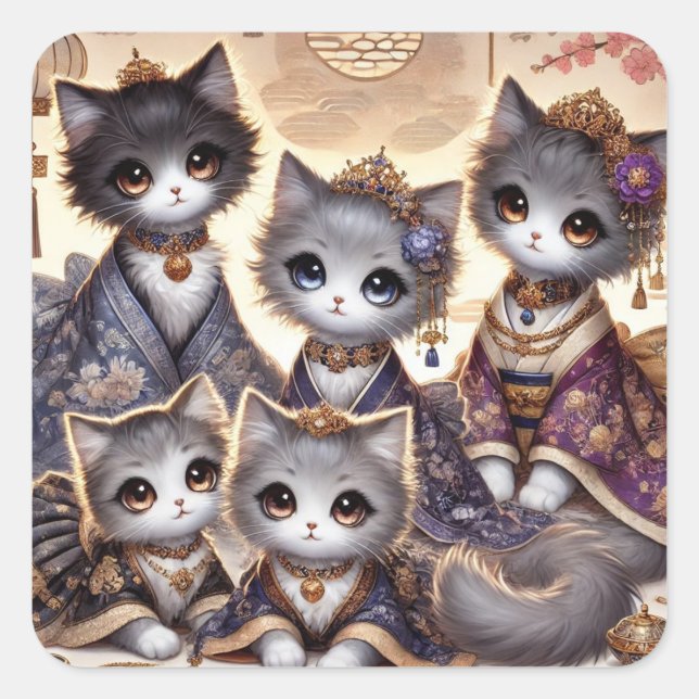 Wa-lolita Japanese Royal Cat Family Square Sticker (Front)