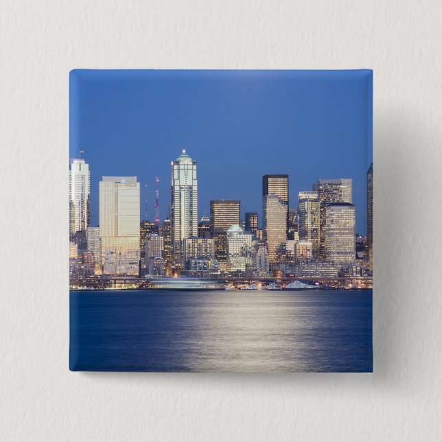 WA, Seattle, Seattle skyline and Elliott Bay, 2 Pinback Button (Front)
