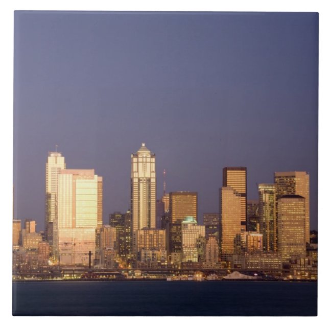 WA, Seattle, Seattle skyline and Elliott Bay, Ceramic Tile (Front)