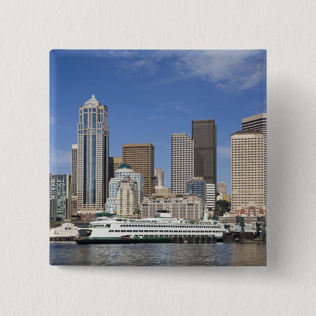 WA, Seattle, Seattle skyline with ferry boat Button (Front)