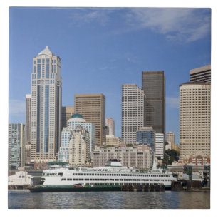 WA, Seattle, Seattle skyline with ferry boat Ceramic Tile