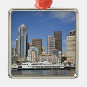 WA, Seattle, Seattle skyline with ferry boat Metal Ornament