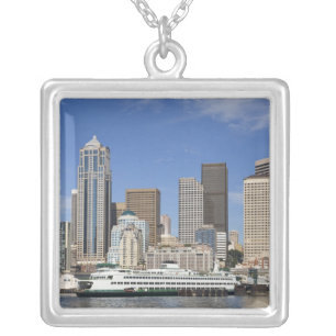 WA, Seattle, Seattle skyline with ferry boat Silver Plated Necklace