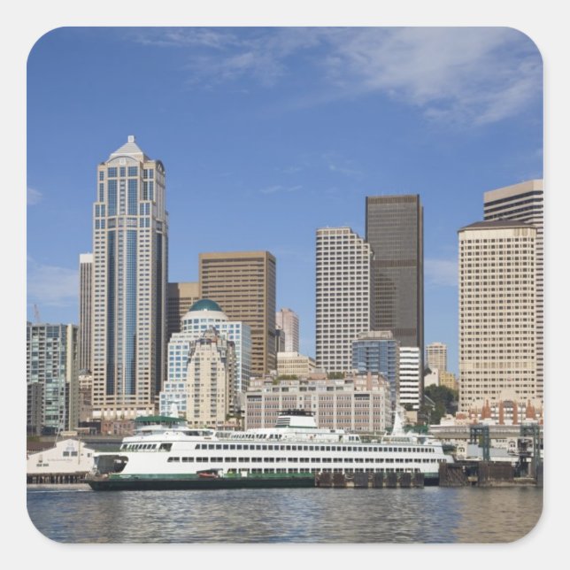 WA, Seattle, Seattle skyline with ferry boat Square Sticker (Front)