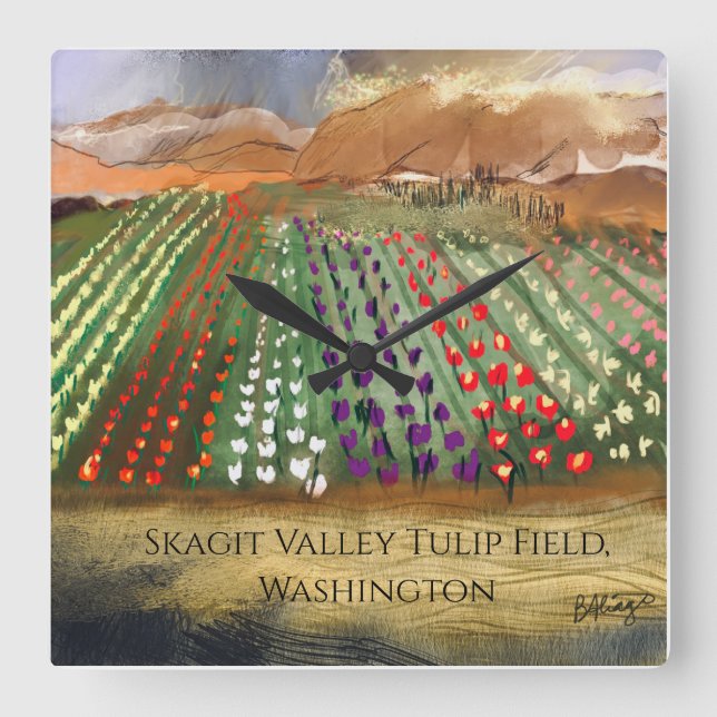 WA Skagit Valley Tulip Fields Spring Dreaming Square Wall Clock (Front)