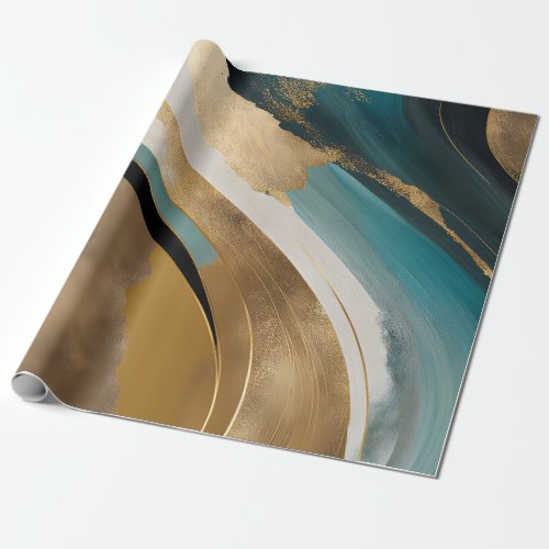 Wabi Sabi Abstract Teal  Gold Swirls Wrapping Paper