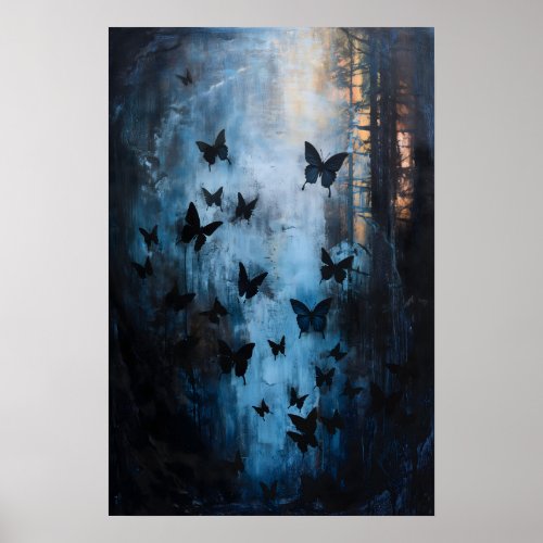 Wabi Sabi Black Butterflies Blue Sky Abstract Art Poster