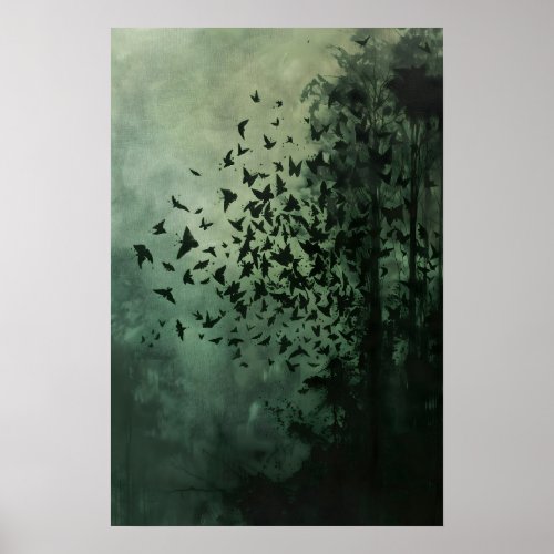 Wabi Sabi Black Butterflies Green Forest Abstact Poster