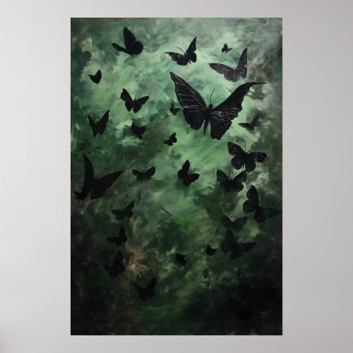 Wabi Sabi Black Butterflies Green Sky Abstract Art Poster