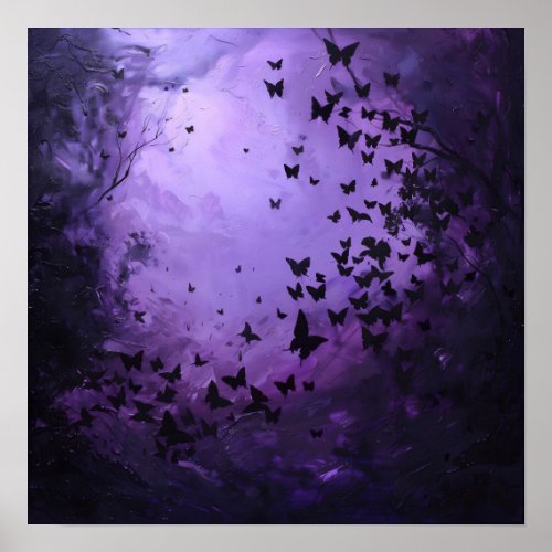 Wabi Sabi Black Butterflies Purple Sky Abstact Art Poster