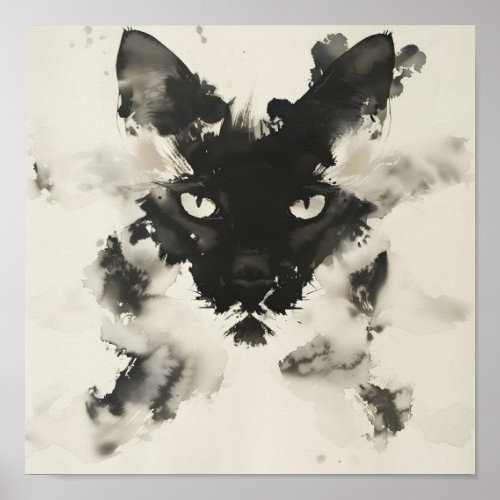 Wabi Sabi Black Cat Abstract Inkblot Face Art Poster