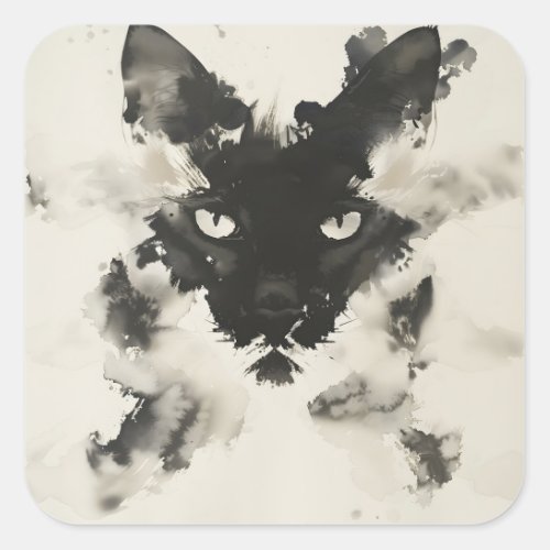 Wabi Sabi Black Cat Abstract Inkblot Face Art Square Sticker