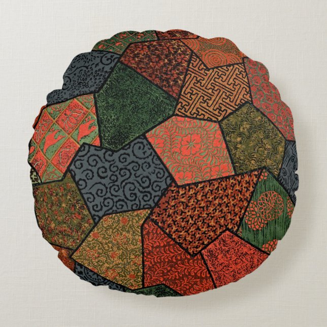 Wabi-Sabi Japanese Patchwork Round Pillow (Front)
