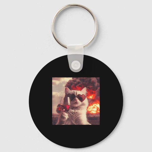 Wacky Cat Holding Wine Selfi With Fire Funny Sungl Keychain (Front)