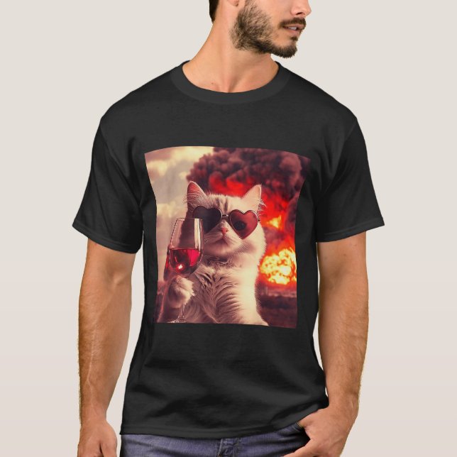 Wacky Cat Holding Wine Selfi With Fire Funny Sungl T-Shirt (Front)
