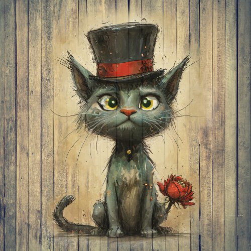 Wacky Cat in Hat _ decoupage _ Tissue Paper