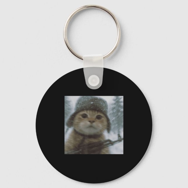 Wacky Cat Snow Kitten Soldier Selfie With Gun Meme Keychain (Front)